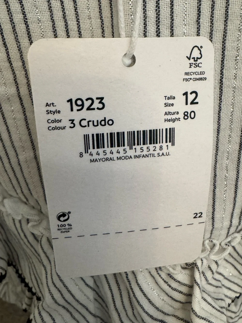NWT Mayoral Baby Girl Striped Ruffle Dress – Crudo – 12M